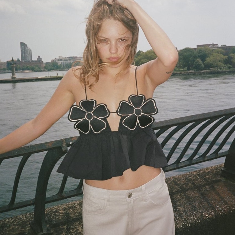 Zara Rhinestone Poplin Top
